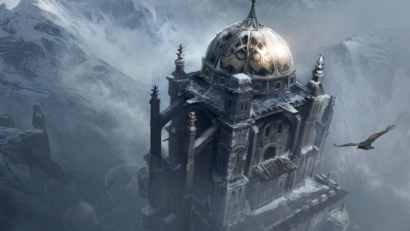 Snow-covered Cathedral — Gray, Dramatic, Winter, Digital Art, Mountain, Bird, Dome
