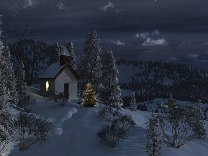 Snow-covered Chapel at Night — White, Serene, 3d Render
