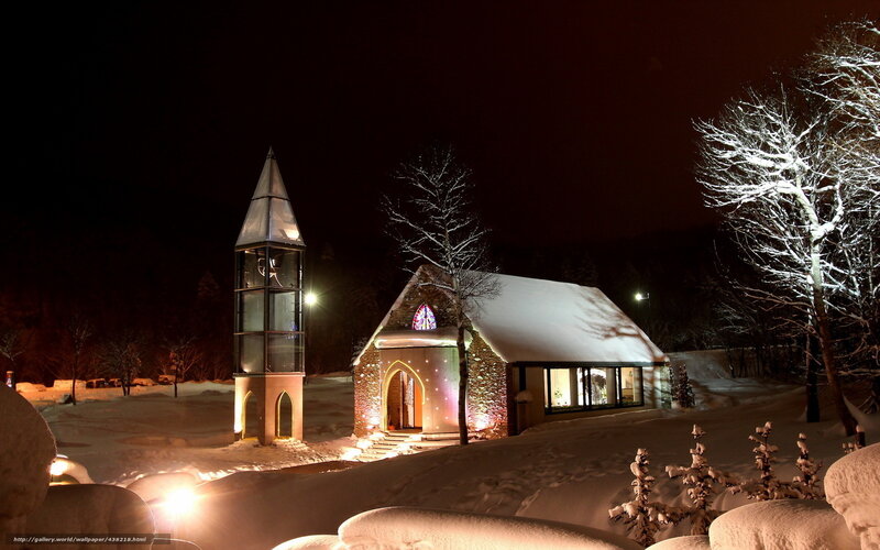 Snow-covered Chapel at Night — White, Serene, Photograph