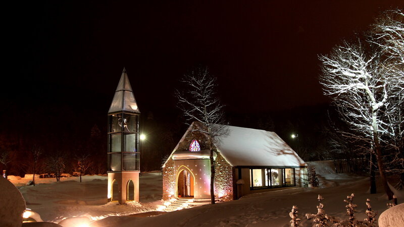 Snow-covered Chapel at Night — White, Serene