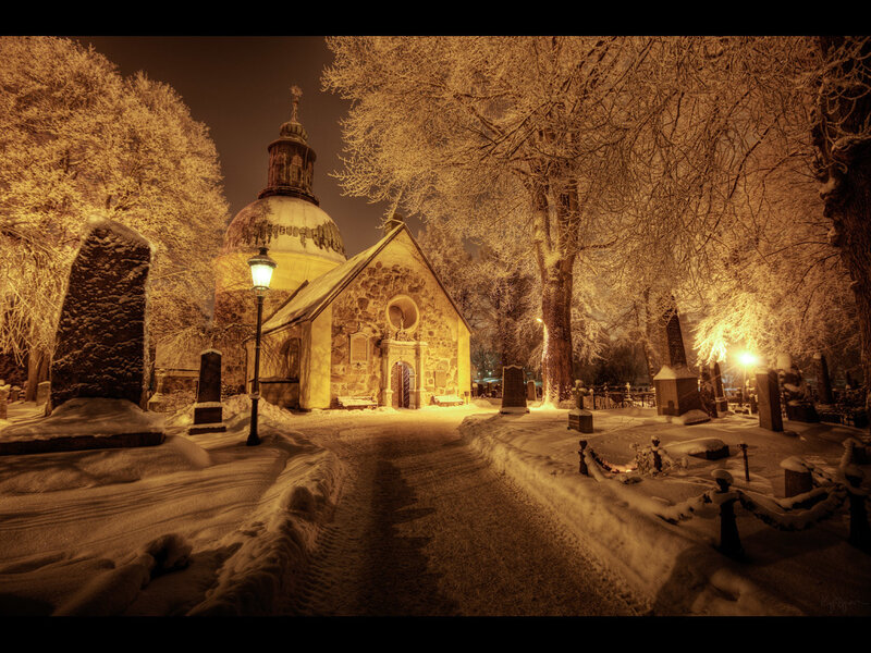 Snow-covered Chapel at Night — Yellow