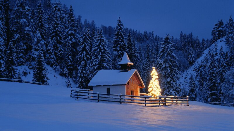 Snow-covered Chapel — Blue, Serene, Night, Photograph, Fenced Area