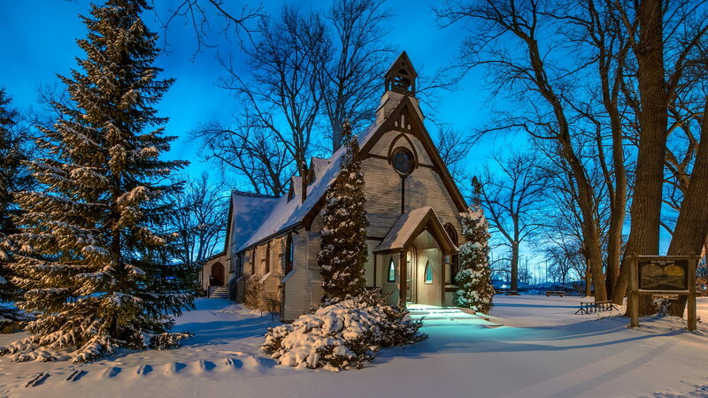 Snow-covered Chapel — Blue, Serene, Night, Photograph