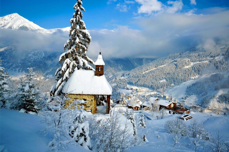 Snow-covered Chapel — Blue, Serene, Winter, Photograph, Mountain