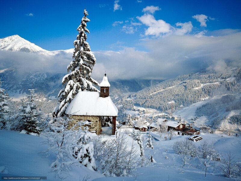 Snow-covered Chapel — Blue, Serene, Winter, Photograph, Mountains