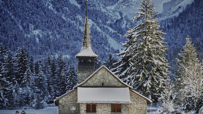 Snow-covered Chapel — Blue, Serene, Winter, Photograph, Mountains, Trees