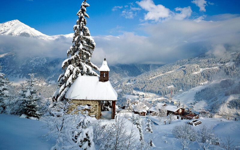 Snow-covered Chapel — Blue, Serene, Winter, Photograph