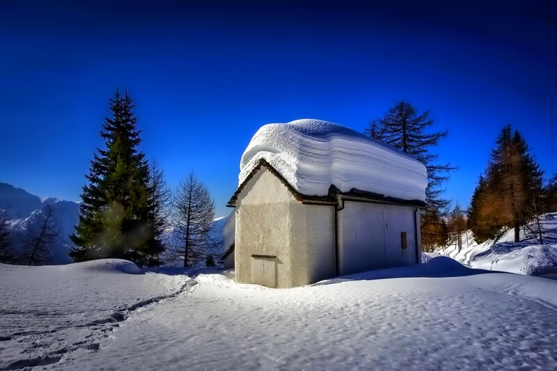 Snow-covered Chapel — Blue, Serene, Winter, Photograph, Trees, Mountains