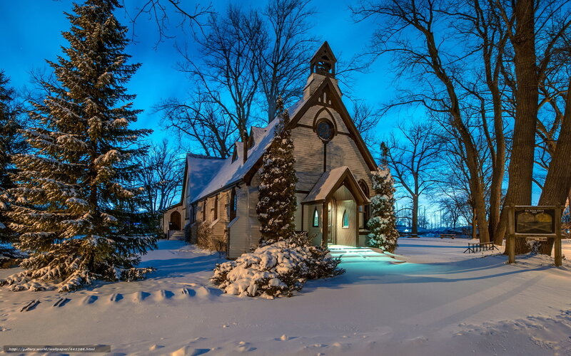 Snow-covered Chapel — Blue, Serene, Winter, Photograph, Trees, Snow, Sign