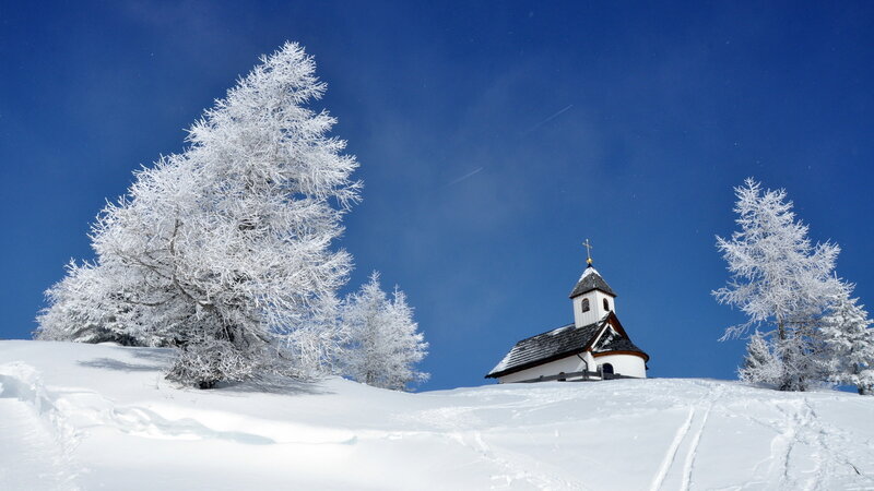 Snow-covered Chapel — Blue, Serene, Winter, Photograph, Trees