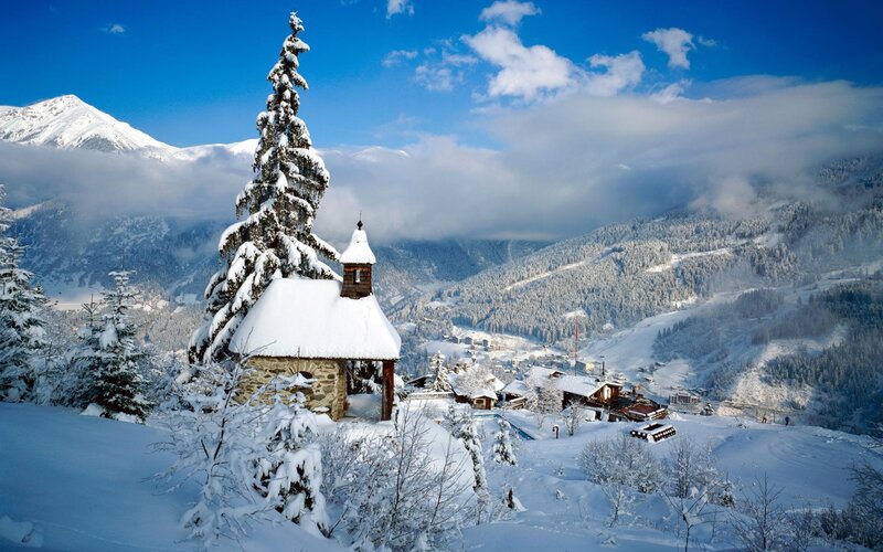 Snow-covered Chapel — Blue, Serene, Winter