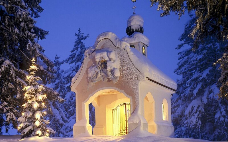 Snow-covered Chapel — White, Serene, Night, Photograph, Christmas Tree, Snow, Trees
