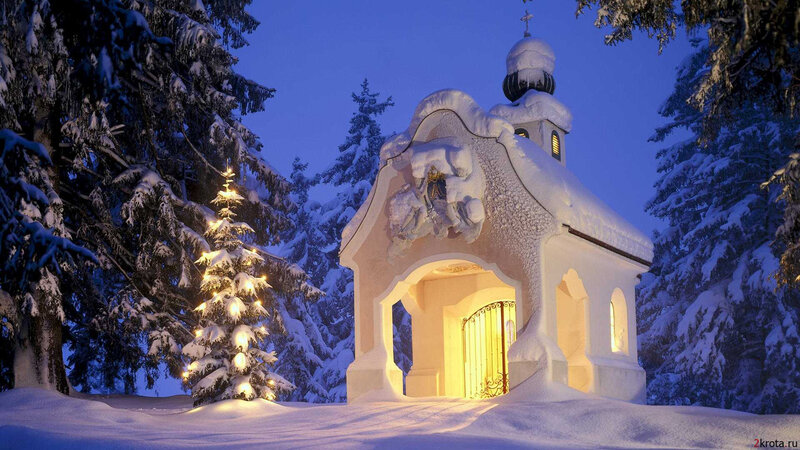 Snow-covered Chapel — White, Serene, Night, Photograph