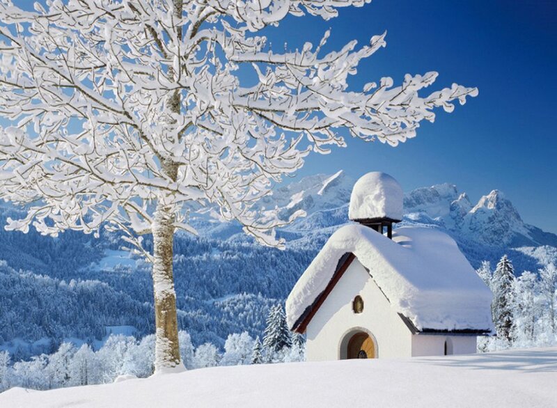 Snow-covered Chapel — White, Serene, Winter, Photograph, Tree, Mountains