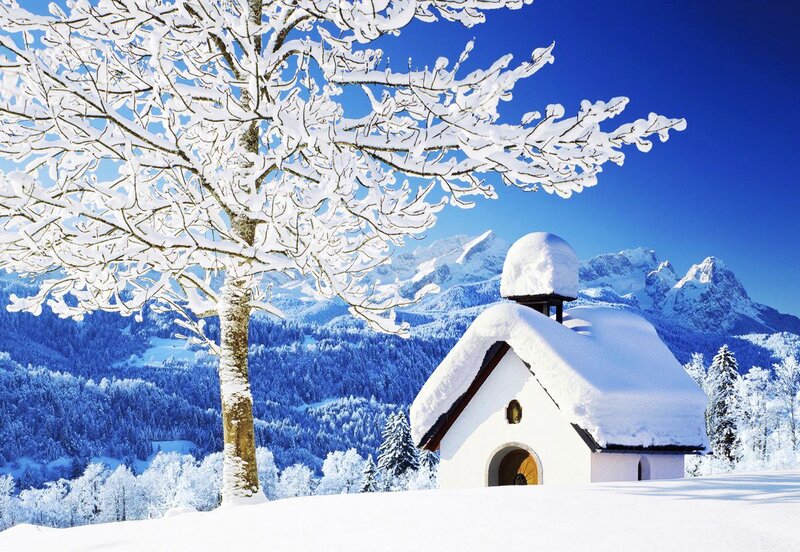 Snow-covered Chapel — White, Serene, Winter, Photograph, Tree