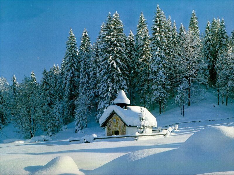 Snow-covered Chapel — White, Serene, Winter, Photograph, Trees, Snow