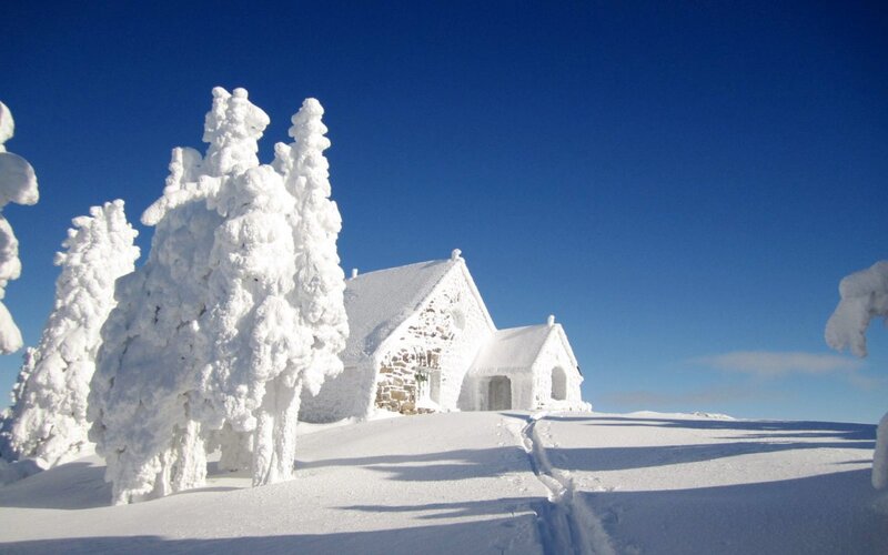 Snow-covered Chapel — White, Serene, Winter, Photograph, Trees