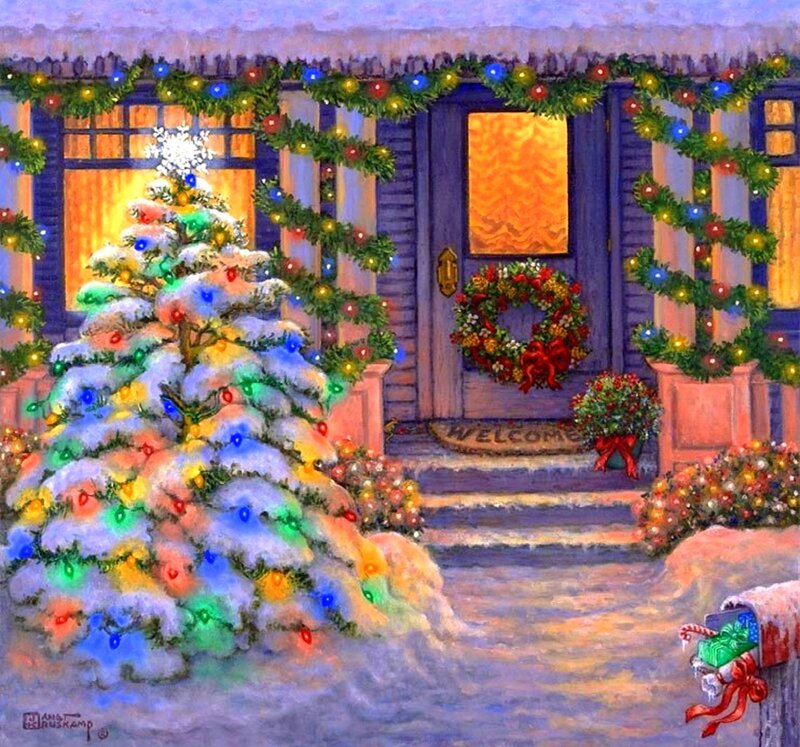 Snow-covered Christmas Tree — Blue, Festive, Winter