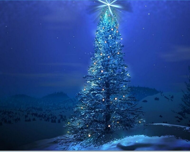 Snow-covered Christmas Tree — Blue, Serene, Night, Digital Art, Star