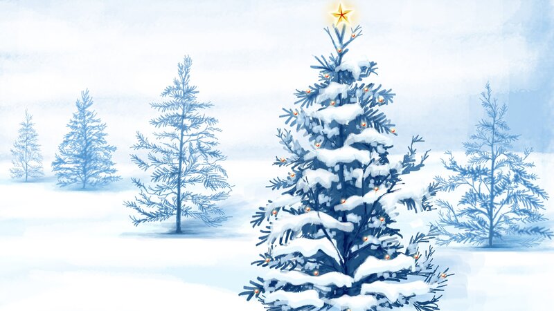 Snow-covered Christmas Tree — Blue, Serene, Winter, Illustration, Trees, Snow