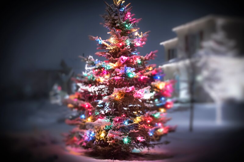 Snow-covered Christmas Tree — Green, Festive, Night