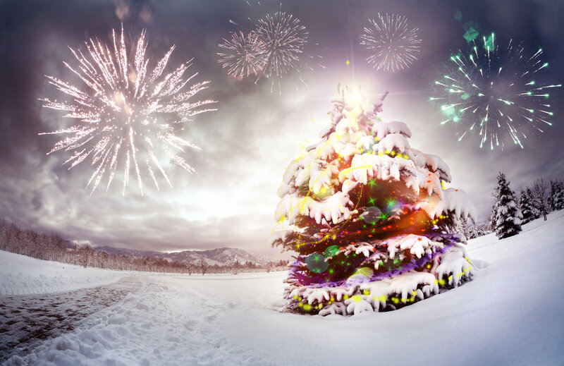 Snow-covered Christmas Tree — White, Festive, Night, Digital Art