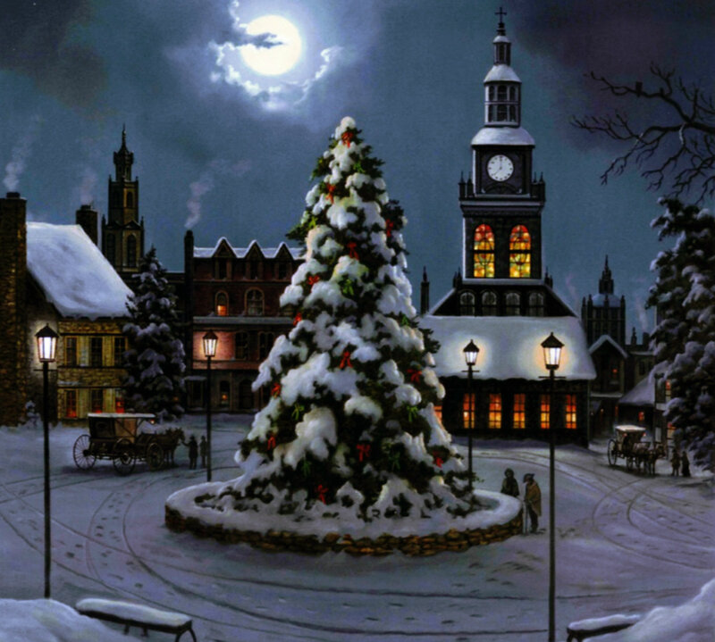 Snow-covered Christmas Tree — White, Serene, Night, Painting