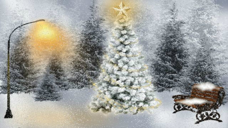 Snow-covered Christmas Tree — White, Serene, Winter, Digital Art, Street Lamp