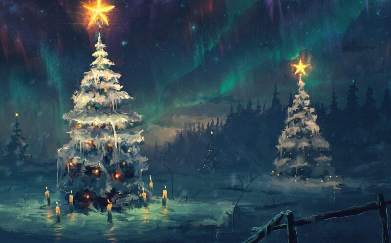 Snow-covered Christmas Trees — Green