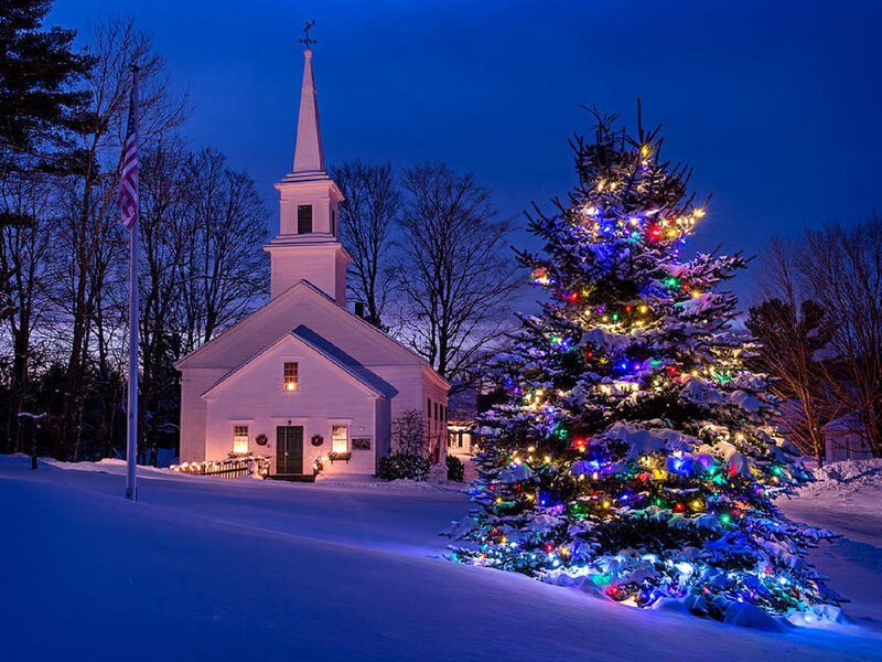 Snow-covered Church and Tree