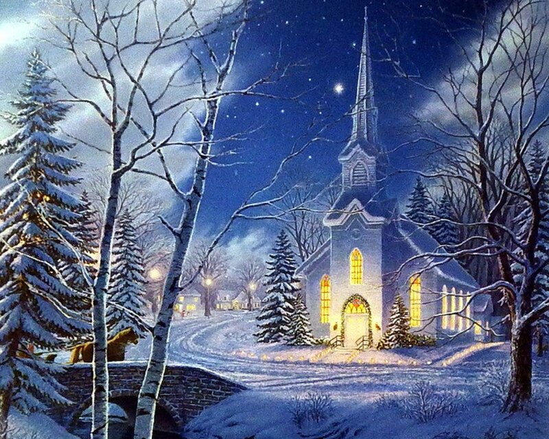 Snow-covered Church at Night — Blue, Serene, Painting