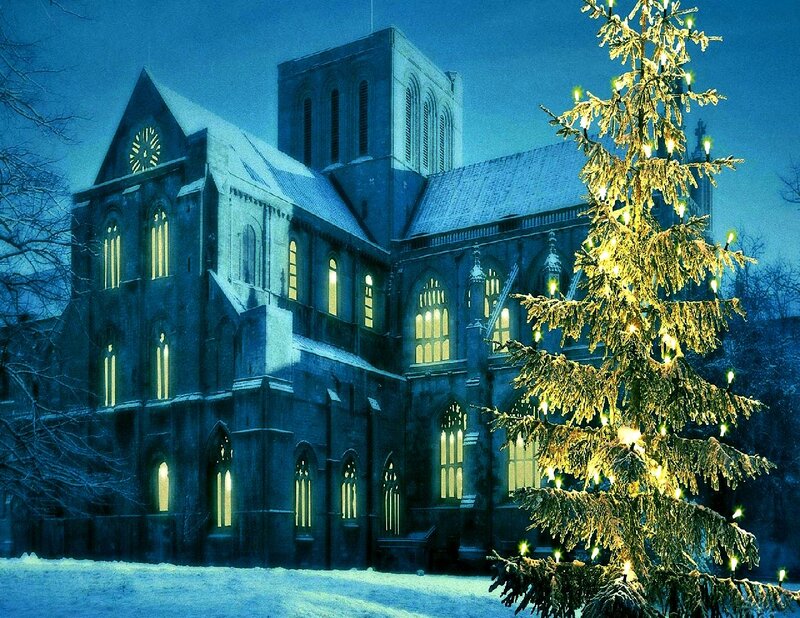 Snow-covered Church at Night — Blue, Serene, Photograph, Christmas Tree