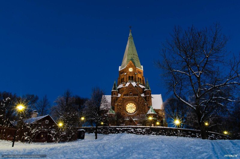 Snow-covered Church at Night — Blue, Serene, Photograph, Clock Tower
