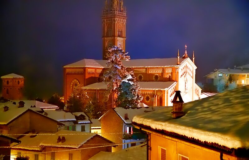 Snow-covered Church at Night — Blue, Serene, Photograph, Snow