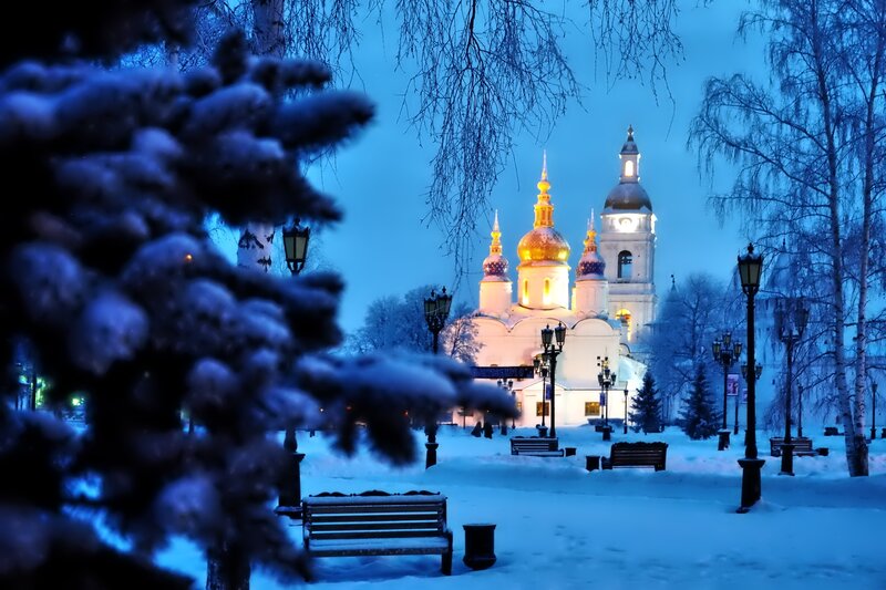 Snow-covered Church at Night — Blue, Serene, Photograph, Trees, Benches