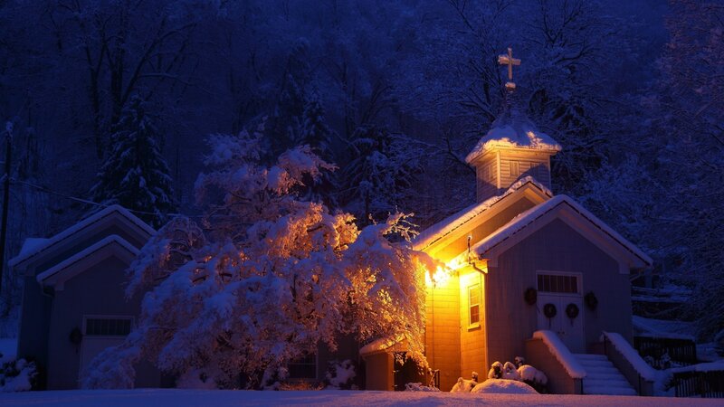 Snow-covered Church at Night — Blue, Serene, Photograph, Trees