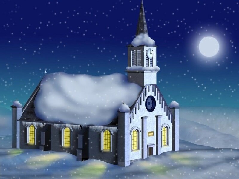 Snow-covered Church at Night — Blue