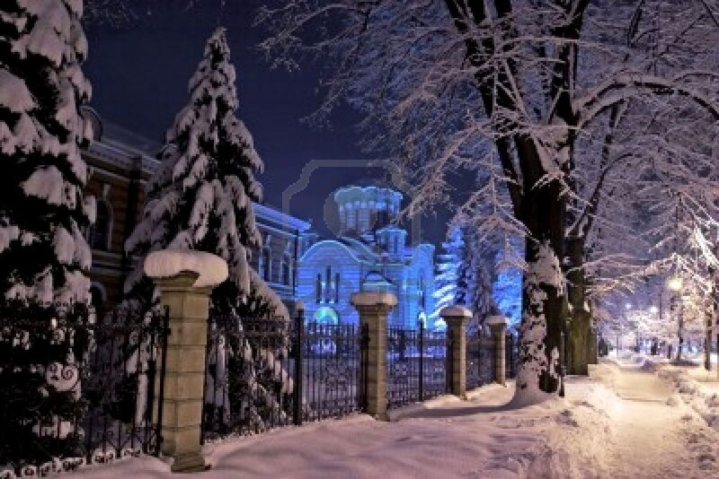 Snow-covered Church at Night