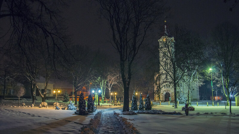 Snow-covered Church at Night — White, Serene