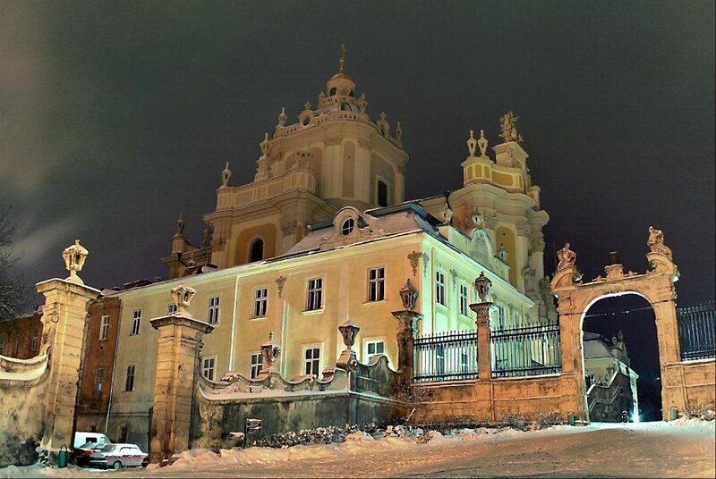 Snow-covered Church at Night — Yellow