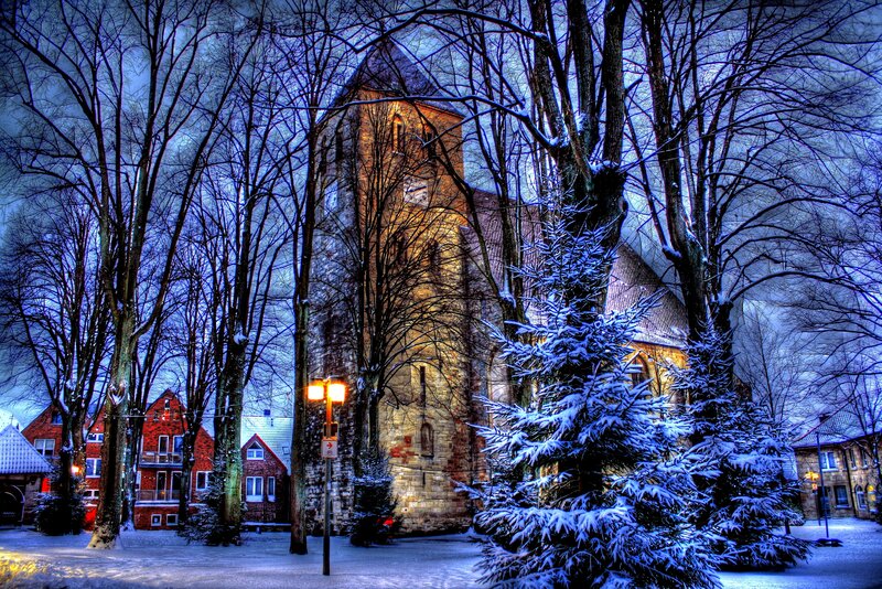Snow-covered Church — Blue, Cold