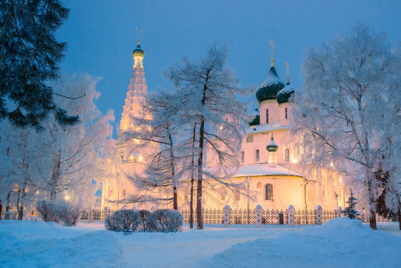 Snow-covered Church — Blue, Serene, Winter, Photograph, Trees, Dome