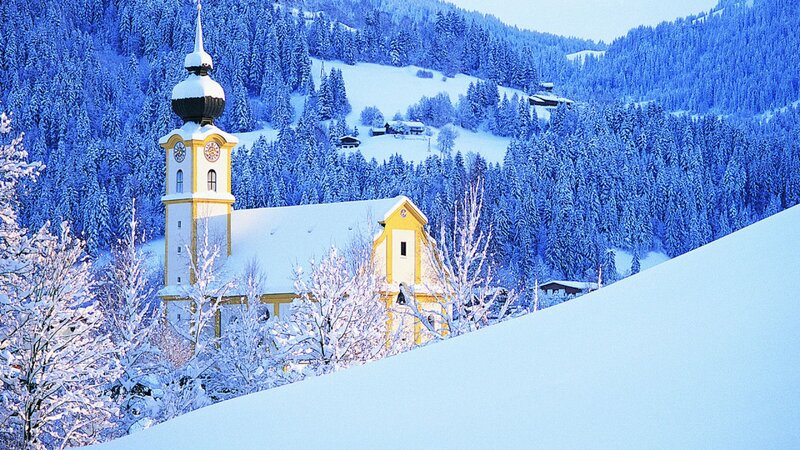 Snow-covered Church — Blue, Serene, Winter, Photograph, Trees, Mountains