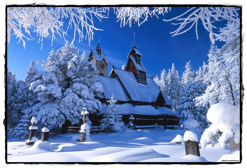 Snow-covered Church — Blue, Serene, Winter, Photograph, Trees, Sky