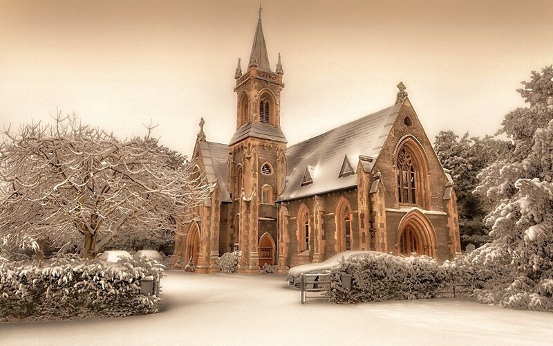 Snow-covered Church — Brown