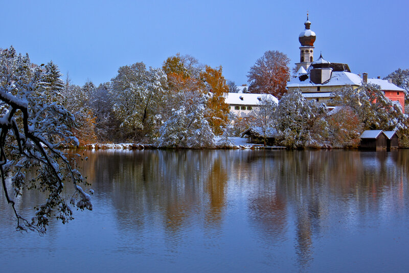 Snow-covered Church by Lake — Blue