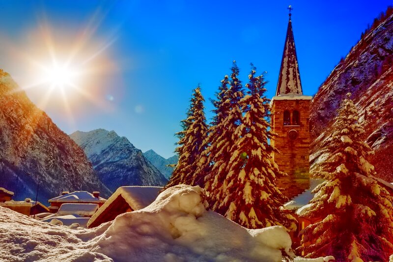 Snow-covered Church in Mountains — Blue
