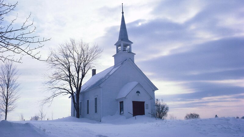 Snow-covered church in winter