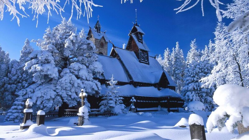 Snow-covered church in winter