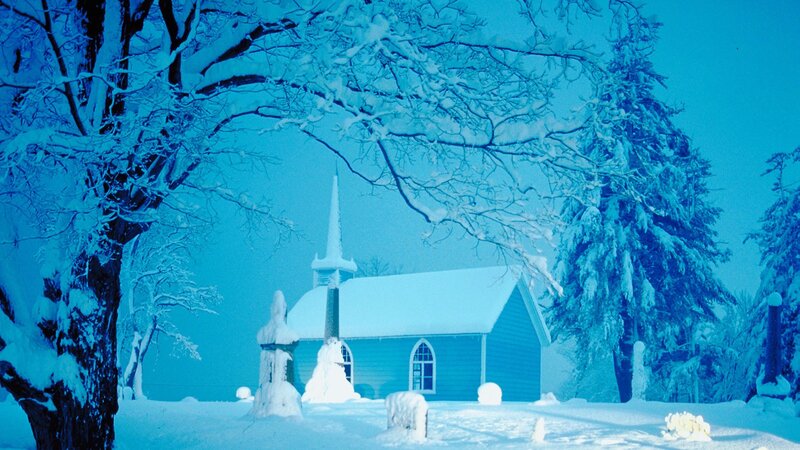 Snow-covered church in winter